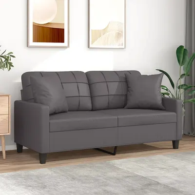 vidaXL Canapea cu 2 locuri cu pernuțe, gri, 140 cm, piele ecologică