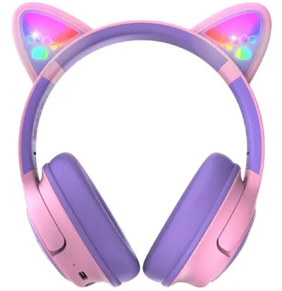 Căști pentru copii cu microfon PowerLocus - Bobo, fără fir, roz/violet