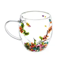 Cană cu inserție de flori uscate, limonium multicolor, pereți dubli, sticlă borosilicată, 250 ml, Aurora Bloom