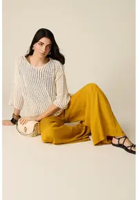 Pantaloni ampli cu talie medie si buzunare - Galben mustar
