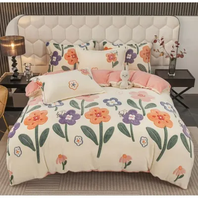 Lenjerie pat dublu, Super Pufoasa COCOLINO,cu ELASTIC, 4 piese, Jojo Home, Crem, Multicolor, Flori