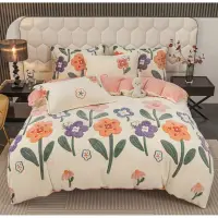 Lenjerie pat dublu, Super Pufoasa COCOLINO,cu ELASTIC, 4 piese, Jojo Home, Crem, Multicolor, Flori