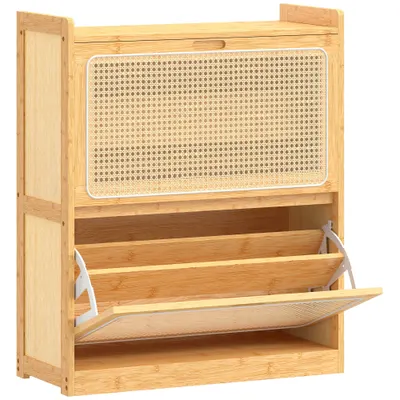 HOMCOM Pantofar îngust din bambus cu 2 sertare rabatabile din ratan pentru 12-14 perechi 69x29x83 cm Natural | Aosom Romania