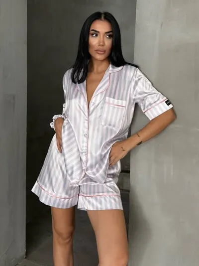 Set pijama dama din doua piese, cu nasturi – 2500157, Gri deschis
