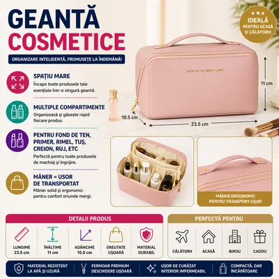 Geanta cosmetice si parfumuri, cu maner, ideal geanta bagaj, Roz