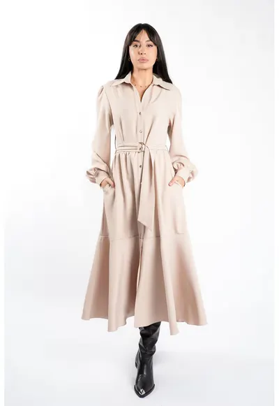 Rochie camasa cu cordon si fusta ampla - Nude