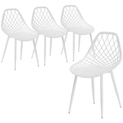 HOMCOM Set 4 Scaune Moderne cu Spătar Perforat din Plastic și Metal Alb | Aosom Romania