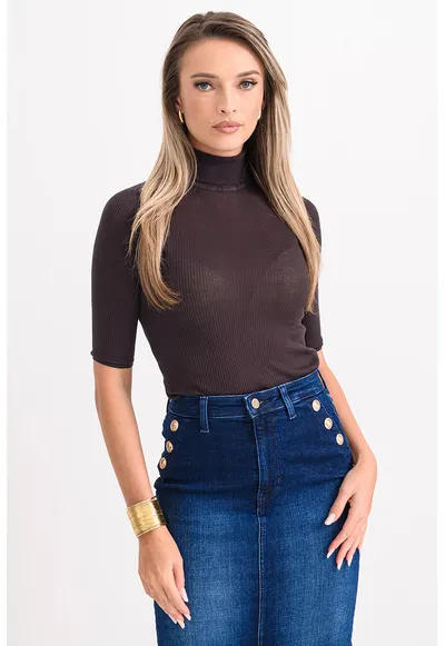 Bluza strata cu guler inalt si maneci scurte - Maro inchis