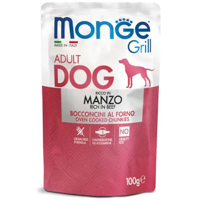 MONGE Grill, XS-XL, Vită, plic hrană umedă câini, (în suc propriu), 100g