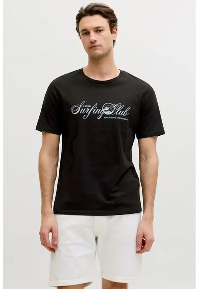 Tricou cu decolteu la baza gatului si imprimeu grafic - Negru/Albastru deschis