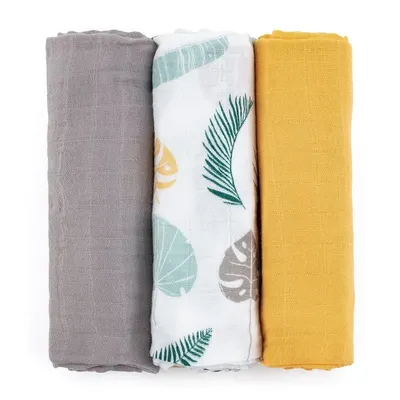 Set 3 scutece PetiteMars din muselina de bambus Moussy Ochre Leaves hipoalergenice 68 x 68 cm Multicolor