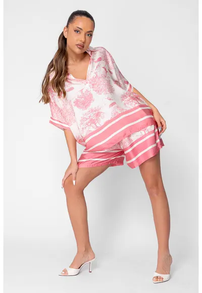 Set Shells bluza si pantalon scurt din mix matase Off White/Rose 21206 - Roz/Bej deschis