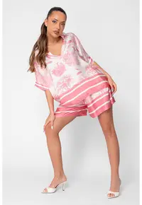 Set Shells bluza si pantalon scurt din mix matase Off White/Rose 21206 - Roz/Bej deschis