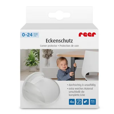 Set 4 protectii universale pentru colturi, din plastic transparent, cu banda adeziva, rezistente la muscaturi, fara PVC, Reer 82049
