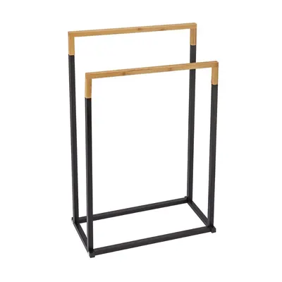 Suport prosoape Jumi, pe două rânduri, metal și bambus, negru și maro, 76x45x22 cm