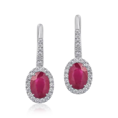 Cercei din aur alb cu rubine ovale de 3.12ct si diamante round de 0.46ct