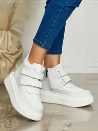 Ghete casual din piele naturală cu talpa solida cu Velcro si fermoar CRL1512ALB