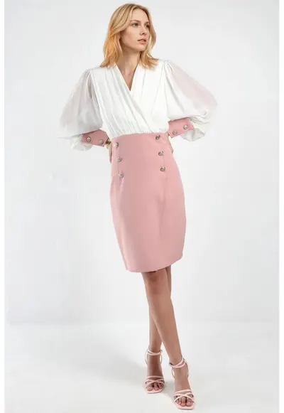 Rochie midi - decolteu in V - detalii cu nasturi - roz - poliester-lycra