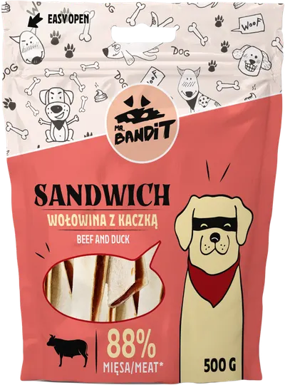 Recompense pentru caini Mr. Bandit SANDWICH, vita cu rata, 500g