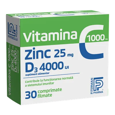 Vitamina C 1000mg + Zinc 25mg + D3 4000UI, 30 comprimate, Fiterman