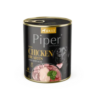Hrana umeda pentru caini PIPER DOG, inimi de pui si spanac. 800g