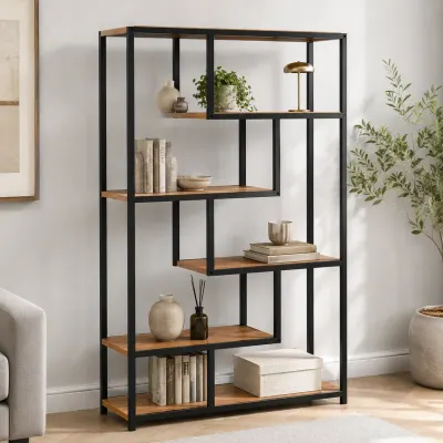 Biblioteca Moderna cu 6 Rafturi pentru Living si Birou, Cadru Metalic, PAL 18 mm, 88 x 30 x 160 cm