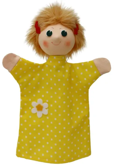 Papusa pentru teatru Moravska ustredna Brno - fată într-o rochie galbenă, 28 cm