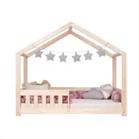 Pat pentru copii Montessori tip casuta, LittleAmy, Cozi Cottage, balustrade cu bare plate, Natur, 90 x 200 cm