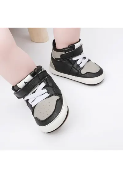 Pantofi sport inalti Model AL 19105 - Pentru bebelusi - Piele ecologica - Baieti - Negru cu gri - Multicolor