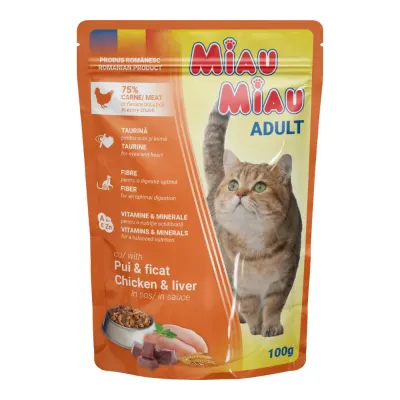 Hrana umeda pentru pisici Miau-Miau, Pui si Ficat in sos, plic 100 g 100g