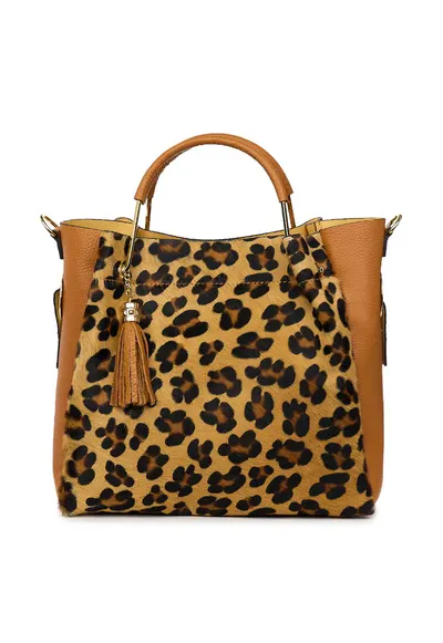 Geanta din piele cu par de ponei Fabiana - coniac/animal - Animal print/Coniac