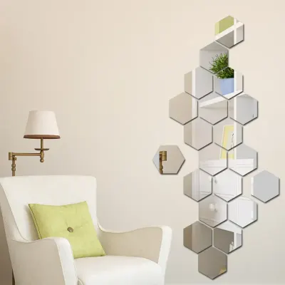 Set 12 oglinzi acrilice autoadezive decorative forma hexagon, diametru 7, 13, 20 si 23 cm