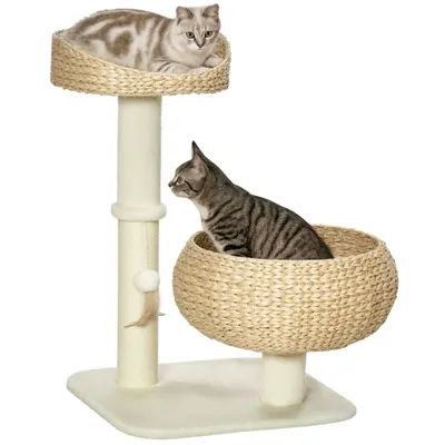 PawHut Arbre à chat griffoir 2 nivele înălțime 72 cm stâlp sisal cu cuib și platformă 1 minge agățată | Aosom Romania