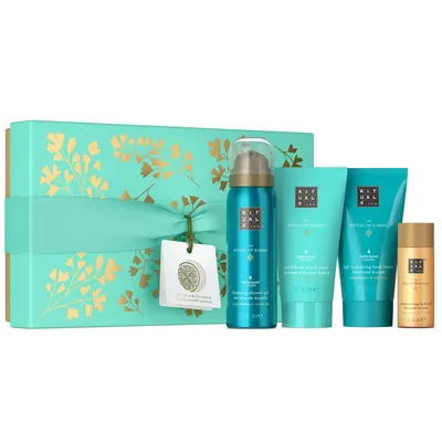 Set cadou unisex Rituals Ritual of Karma, cu parfum floral acvatic, 4 piese: ulei de corp 30 ml, gel de duș 50 ml, scrub 70 ml, loțiune hidratantă 70 ml