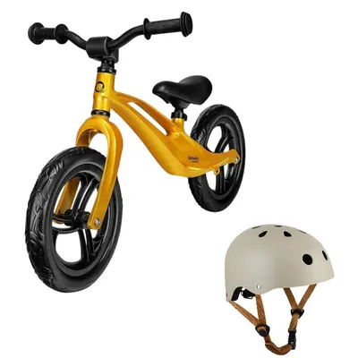 Bicicleta fara pedale, Lionelo, Bart, Usoara, Cu cadru din magneziu, Cu ghidon si sa reglabile, Greutate 3 Kg, 12 inch, Auriu + Casca pentru copii, Reglabila 50-56 cm, Bej