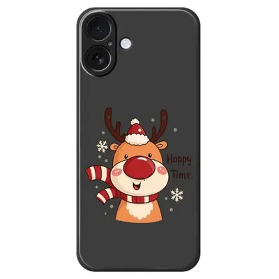 Husa Ren Craciun, Happy time, Pentru iPhone 17, Protectie camera, Silicon, Negru Engros