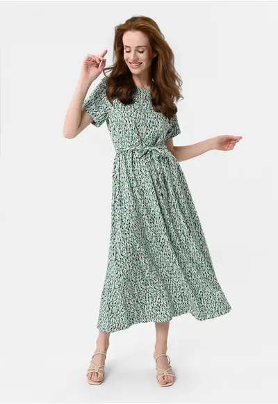 Rochie maxi dama din viscoza cu maneci scurte - cu model floral - croiala dreapta - curea de talie - G-Maranta - verde - Verde
