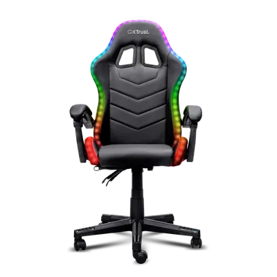 Scaun Gaming Trust GXT 704 Roniq RGB, Piele Ecologică + Polyester, Reglabil pe Înălțime, Spătar 90-110°, max 110 kg, iluminare RGB, negru