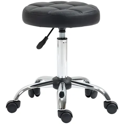 HOMCOM Scaun Rotativ cu Roti, Rotund, Scaun pentru Coafor și Estetician cu Înălțime Ajustabilă, Tapițat în Piele Ecologică, Ø35.5x51-67 cm, Negru