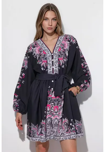 Rochie Mini - cu imprimeu Paisley - neagra - poliester-elastan