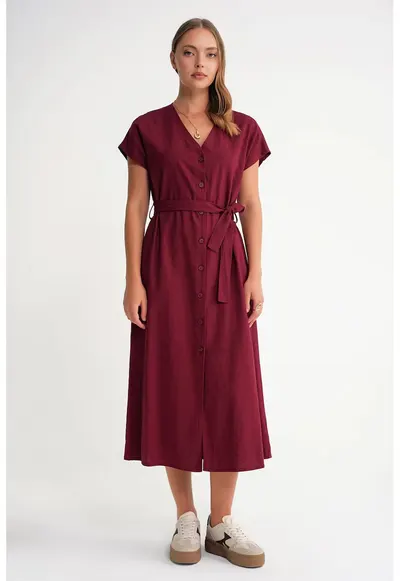 Rochie camasa cu curea - textil - Visiniu