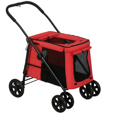 PawHut Cărucior pliabil pentru animale câini pisici cu pernă inclusă, roți cu frână, material textil Oxford 600D, 102 x 62 x 105 cm, roșu | Aosom Romania