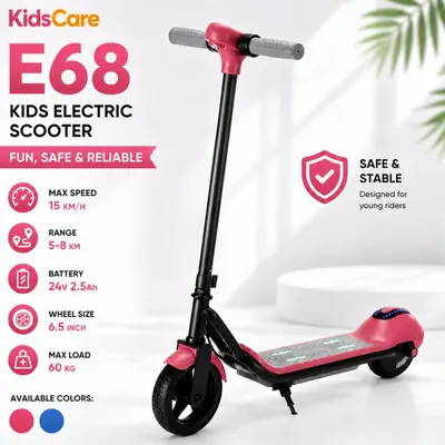 Trotineta electrica pentru copii KidsCare E68 Roz, motor 110W, baterie 24V 2.5 Ah, viteza 15 kmh, bluetooth, lumini