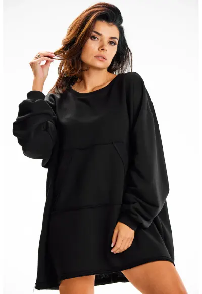 Rochie mini oversize cu buzunar - - Negru