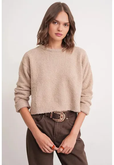 Pulover tricotat scurt - bej natural - tricot