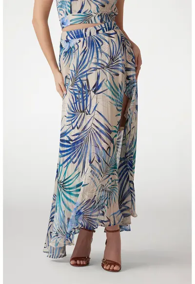 Fusta maxi cu model tropical - Negru/Albastru/Bej deschis