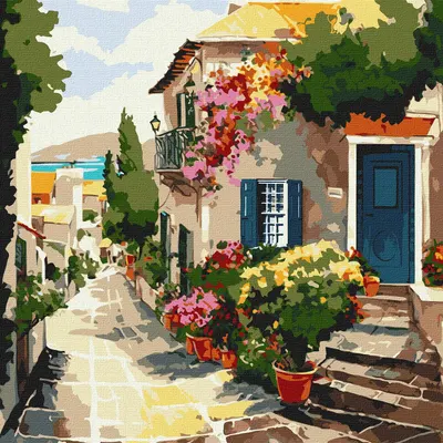 Set pentru pictură după numere Ideyka - Casă pe malul mării, 40 x 40 cm