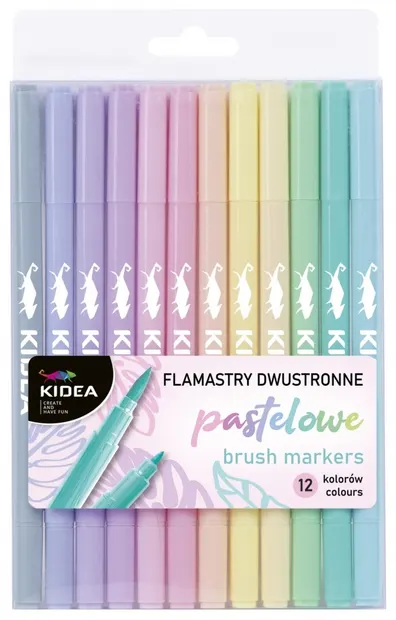Carioci cu 2 capete si pensula Kidea - 12 culori, pastelate