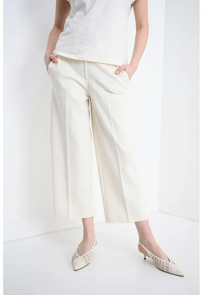 Pantaloni chino crop cu croiala ampla - Crem