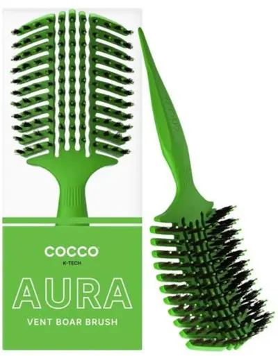 Perie profesională de păr Cocco - Aura Vent Boar Brush, cu păr natural, verde